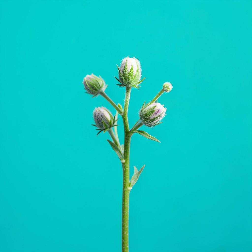 Dense dried flower buds arranged on a plain white surface, deep green and amber tones, warm studio lighting