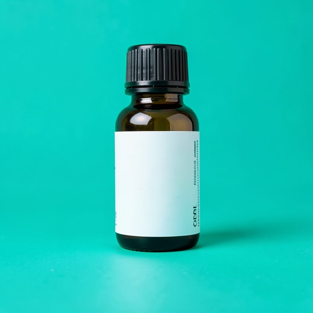 Studio photograph of a CBD oil bottle and dropper on a seamless white background, soft warm lighting, calm and clean mood