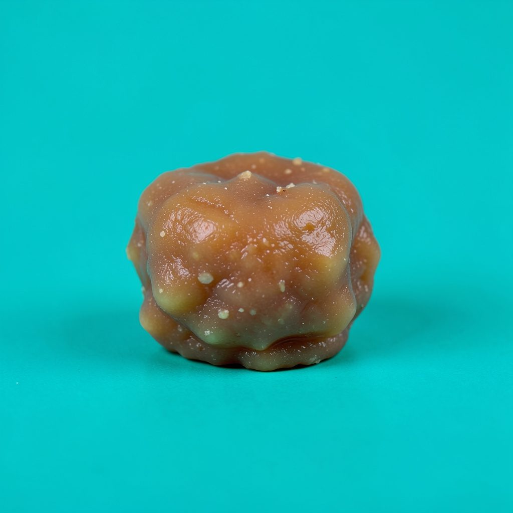 A soft chewy candy-style edible piece resting on a plain white backdrop, with warm amber and soft pink tones in a calm studio setting